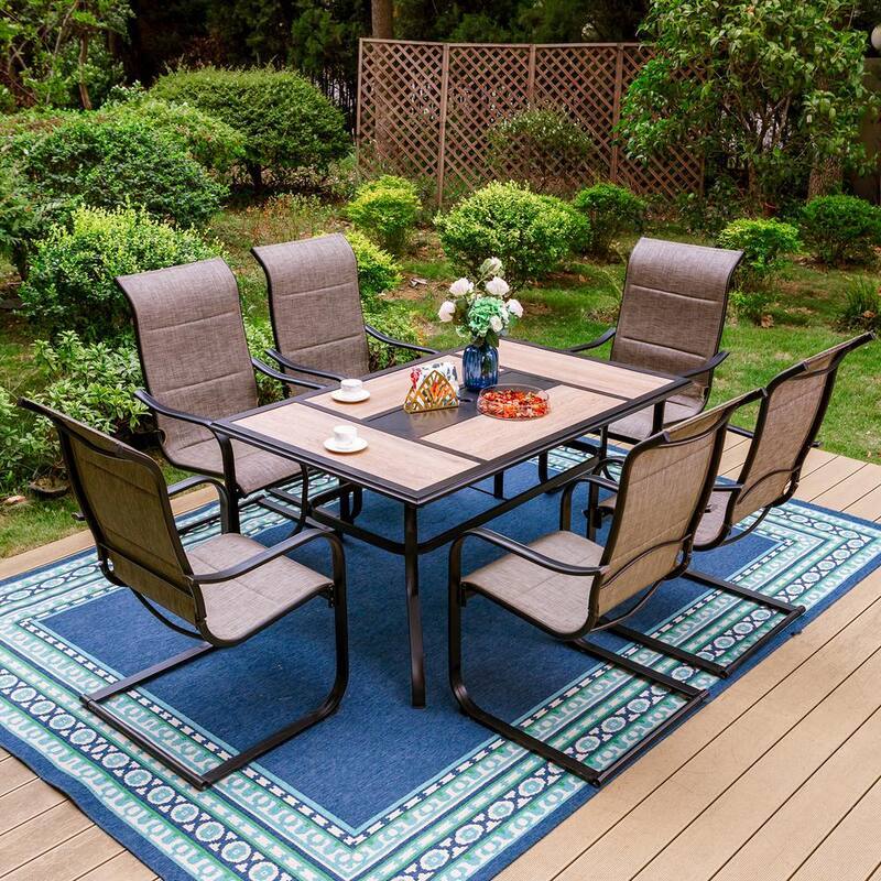 Black 7-Piece Metal Outdoor Patio Dining Set with Geometric Rectangle Table and C-Spring Chairs-Paradise Island Wear