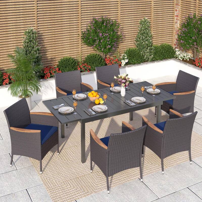 Black 7-Piece Metal Patio Outdoor Dining Set with Extendable Table and Rattan Chairs with Blue Cushion-Paradise Island Wear