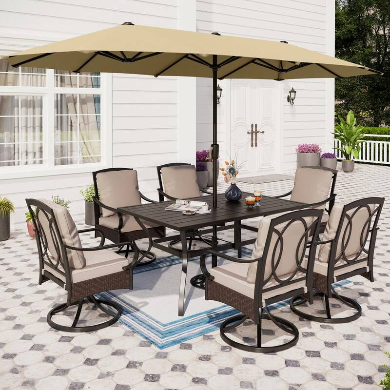 8-Piece Black Metal Outdoor Dining Set with Beige Cushions and Beige Umbrella-Paradise Island Wear