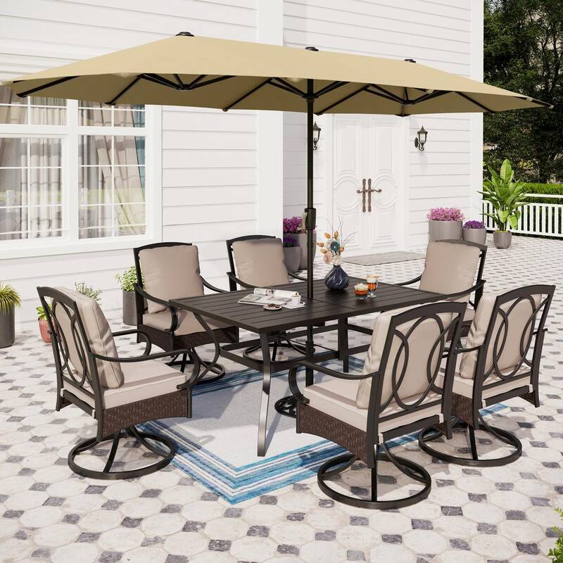 8-Piece Black Metal Outdoor Dining Set with Beige Cushions and Beige Umbrella-Paradise Island Wear