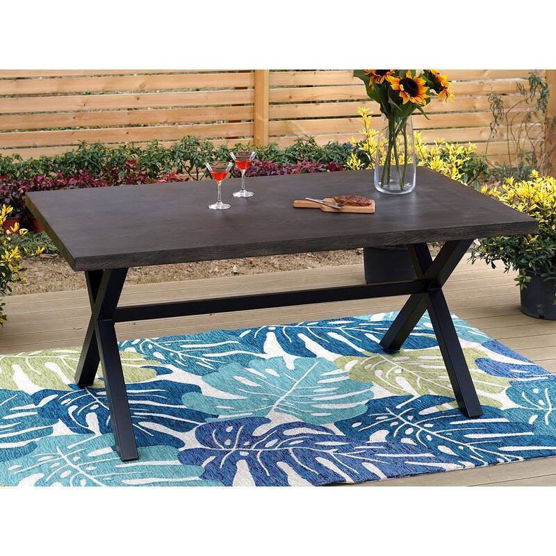 Black Rectangle Metal Patio Outdoor Dining Table with Wood-Look Tabletop-Paradise Island Wear