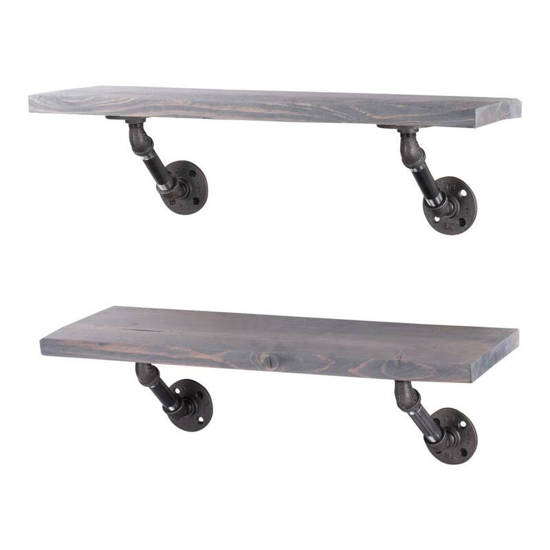 24 in. x 7.5 in. x 6.75 in. Grey Wood Decorative Wall Shelf with Industrial Pipe Brackets-Paradise Island Wear