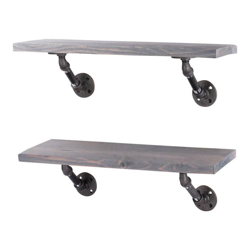 24 in. x 7.5 in. x 6.75 in. Grey Wood Decorative Wall Shelf with Industrial Pipe Brackets-Paradise Island Wear