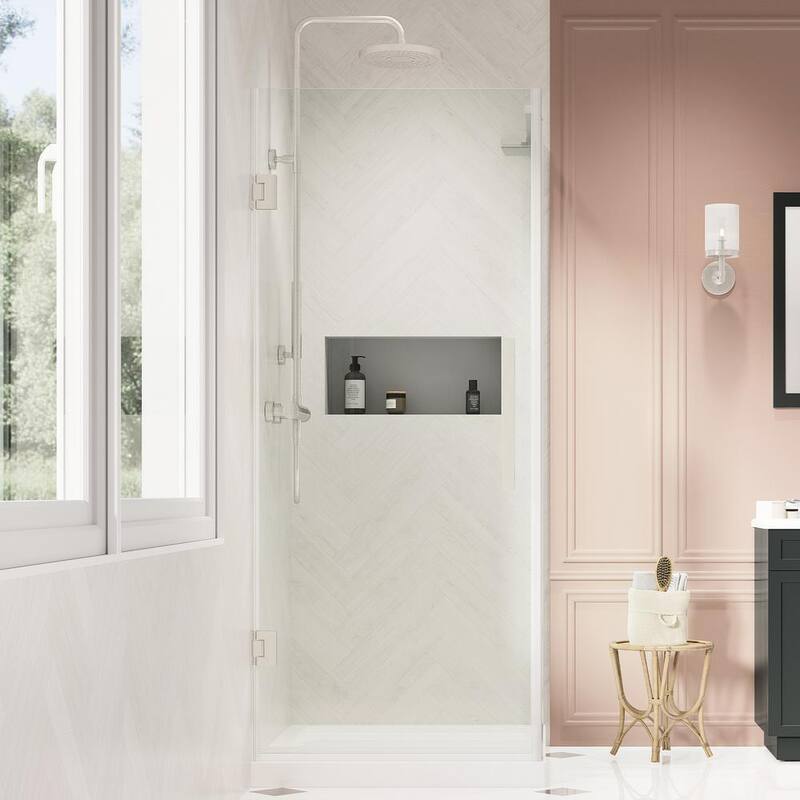 Tampa-Pro 32 in. L x 32 in. W x 72 in. H Corner Shower Kit with Pivot Frameless Shower Door in SN and Shower Pan-Paradise Island Wear