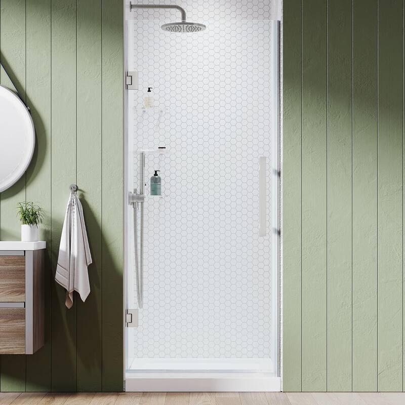 32 in. L x 32 in. W x 72 in. H Alcove Shower Kit w/Pivot Frameless Shower Door in SN w/Shelves and Shower Pan-Paradise Island Wear