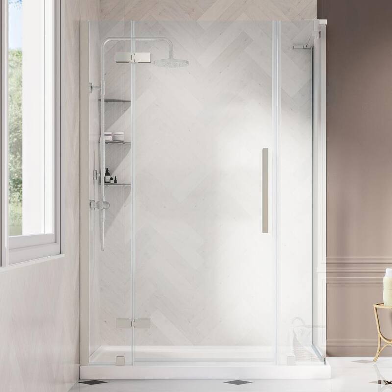 48 in. L x 36 in. W x 72 in. H Corner Shower Kit w/Pivot Frameless Shower Door in SN w/Shelves and Shower Pan-Paradise Island Wear