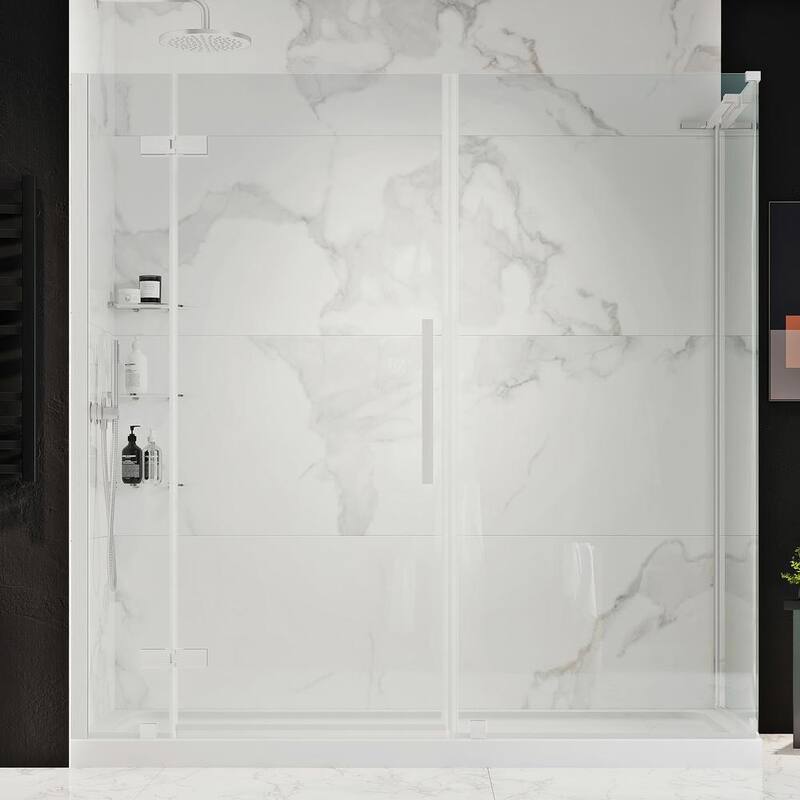 72 in. L x 36 in. W x 72 in. H Corner Shower Kit w/Pivot Frameless Shower Door in SN w/Shelves and Shower Pan-Paradise Island Wear