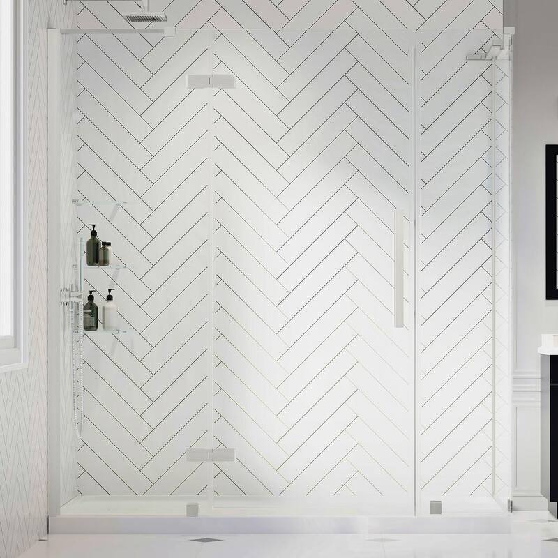 72 in. L x 32 in. W x 72 in. H Corner Shower Kit w/Pivot Frameless Shower Door in SN w/Shelves and Shower Pan-Paradise Island Wear