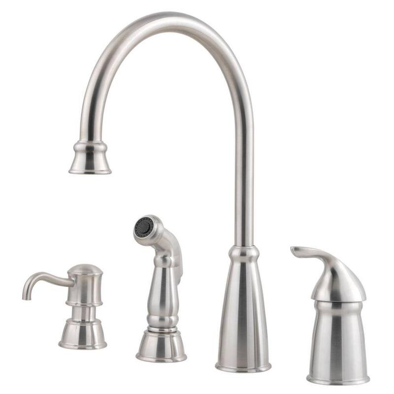 Avalon Single-Handle High-Arc Standard Kitchen Faucet with Side Sprayer and Soap Dispenser in Stainless Steel-Paradise Island Wear