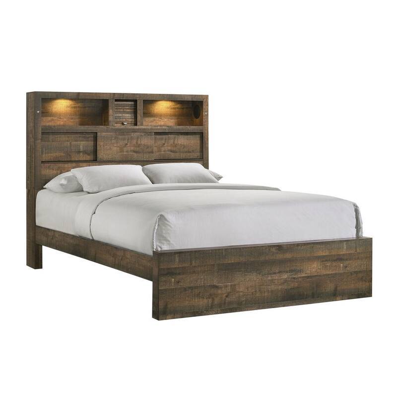 Walnut King Bookcase Panel Bed with Bluetooth-Paradise Island Wear