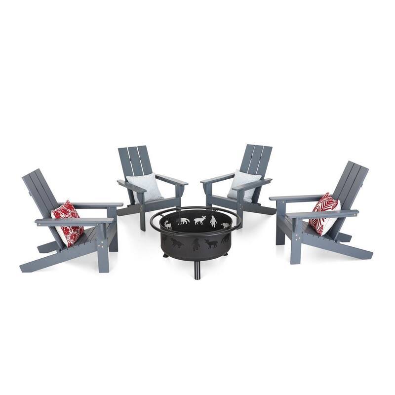 Classic Oversized Wood Adirondack Chair and Fire Pit with Animal Pattern (4-Pack)-Paradise Island Wear