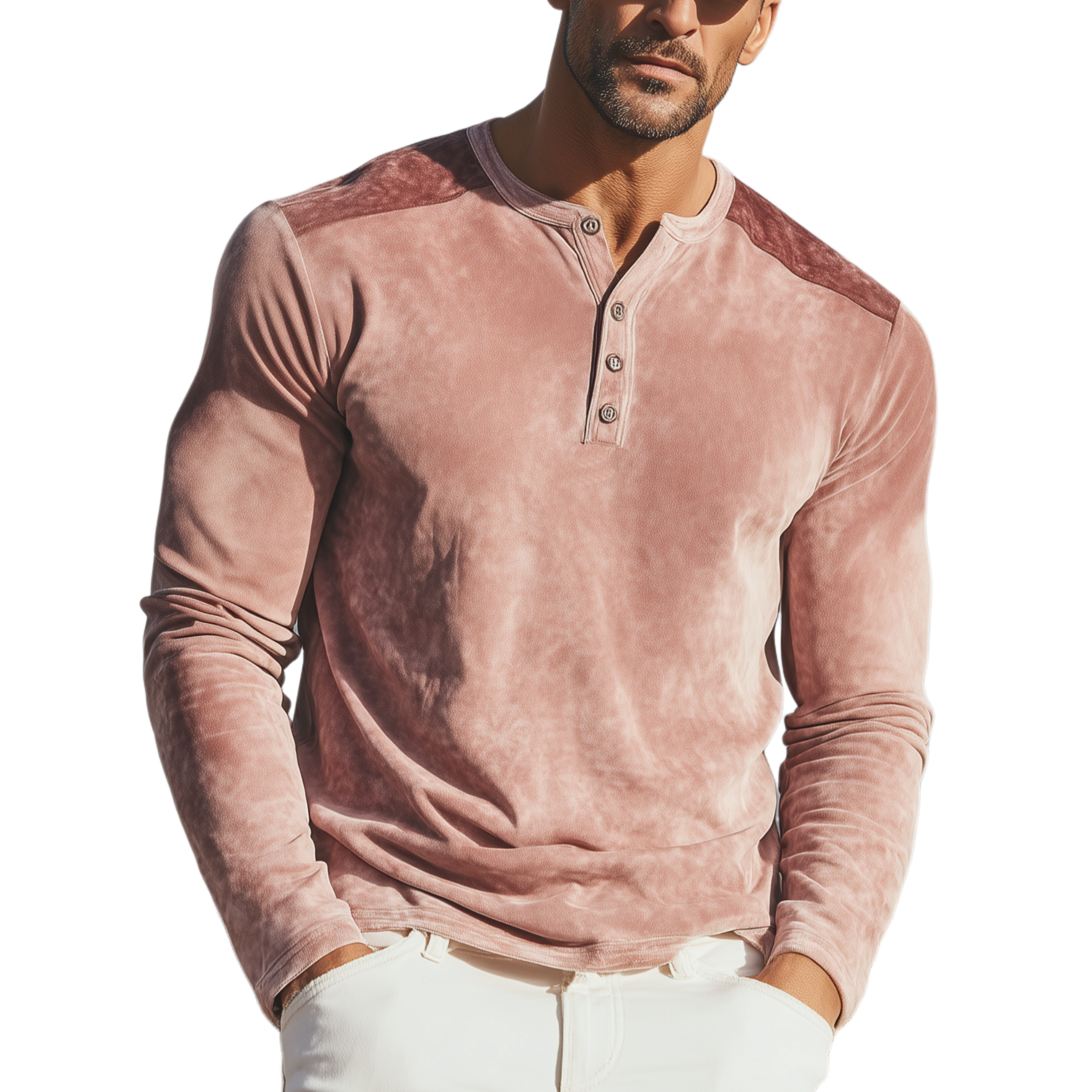 Men's Classic Casual Henley Neck Pink Suede Slim Fit Long Sleeve T-Shi