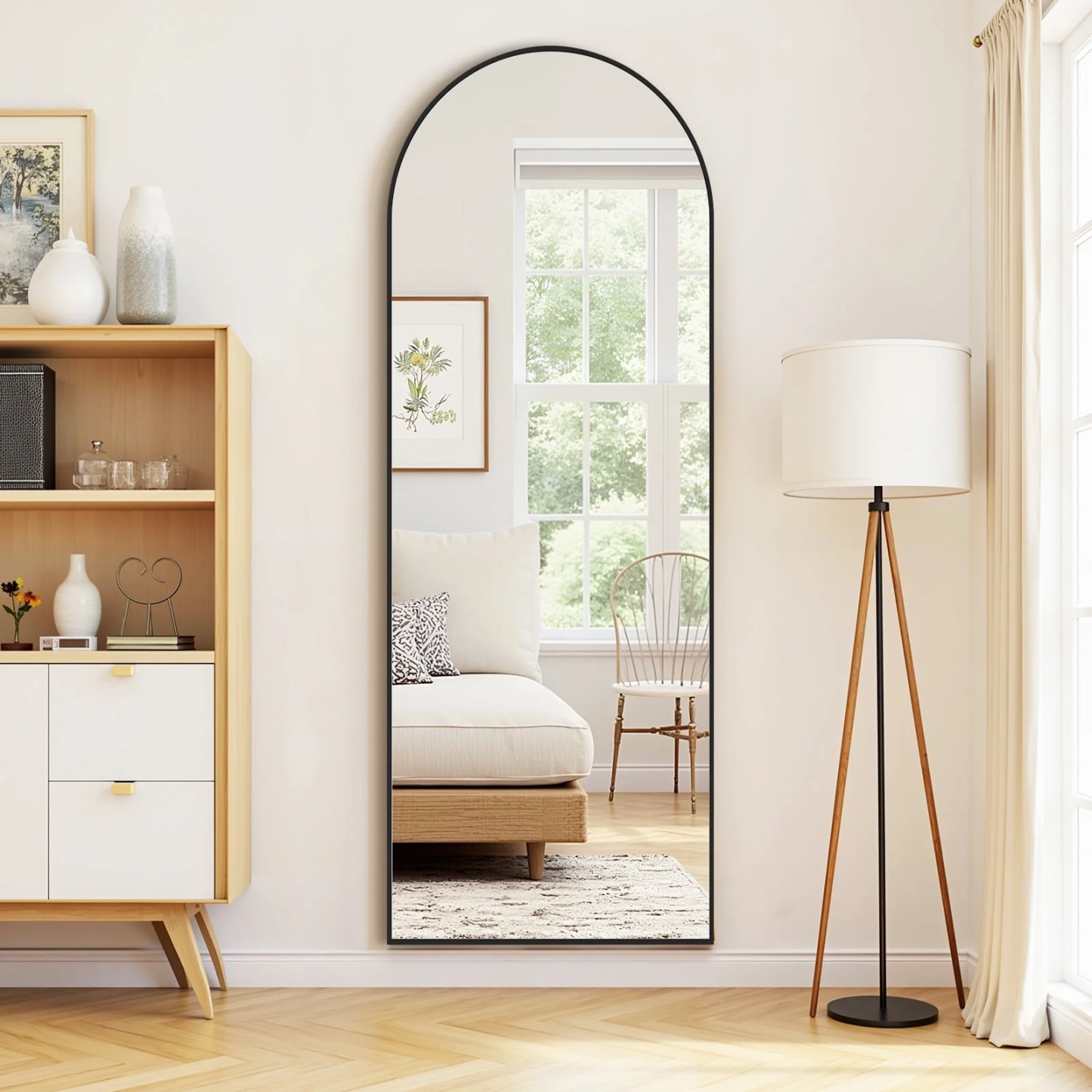 Aidoly Full-Length Floor Mirror with Nano Glass - 16"x59" Size, Black, Arched Shape, Shatterproof & Wall-Mountable