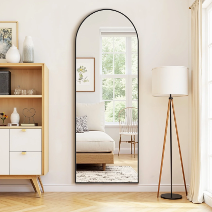 Aidoly Full-Length Floor Mirror with Nano Glass - 16"x59" Size, Black, Arched Shape, Shatterproof & Wall-Mountable