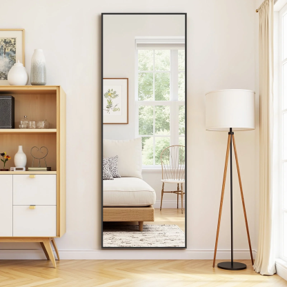 Aidoly Full-Length Floor Mirror with Nano Glass - 16"x59" Size, Black, Arched Shape, Shatterproof & Wall-Mountable