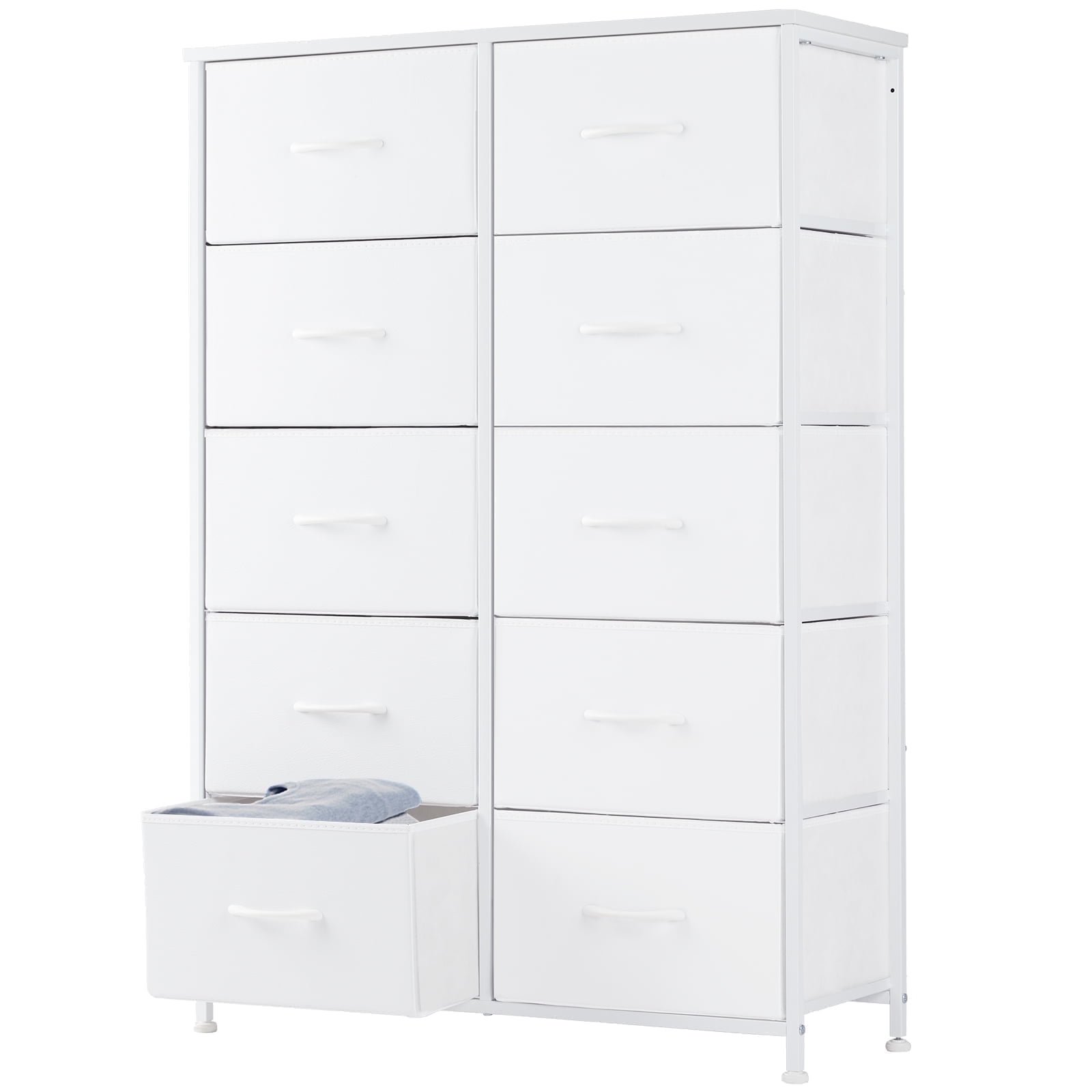 Aidoly Dresser for Bedroom, 10 Storage Drawers, Anti-Tip Tall Fabric Closet Chests Organizer Tower Furniture with Wooden Top Metal Frame for Living Room, Hallway, Entryway, White