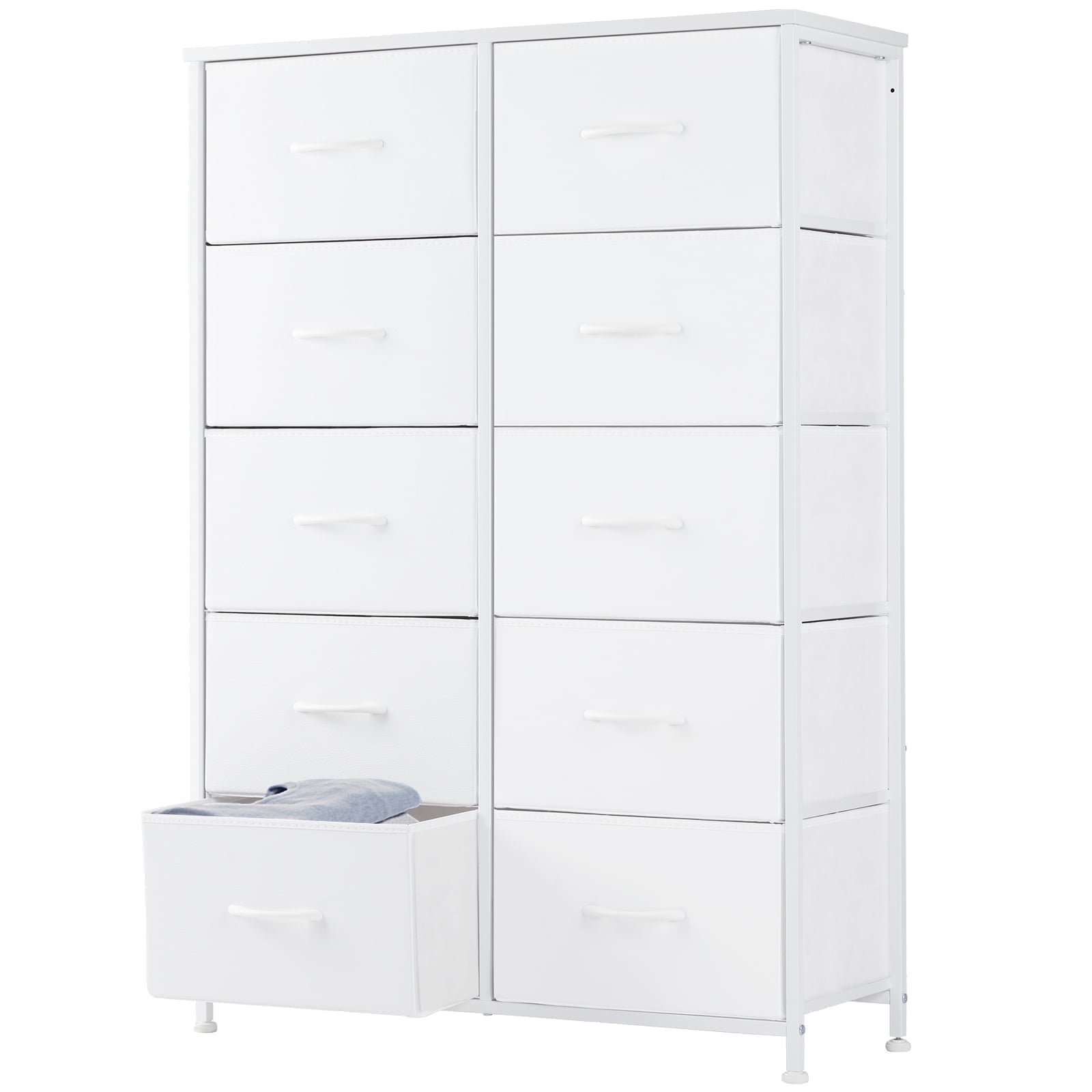 Aidoly Dresser for Bedroom, 10 Storage Drawers, Anti-Tip Tall Fabric Closet Chests Organizer Tower Furniture with Wooden Top Metal Frame for Living Room, Hallway, Entryway, White