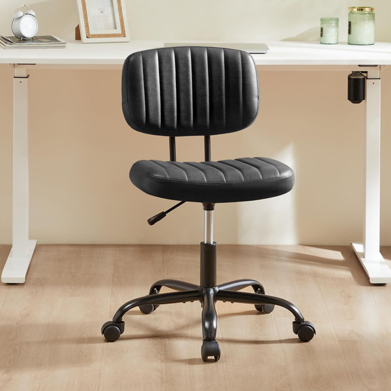 Office Desk Chair, Armless Computer Chair with Lumbar Support, PU Leather Low Back Adjustable Height 360° Rolling Swivel Task Chair with Wheels