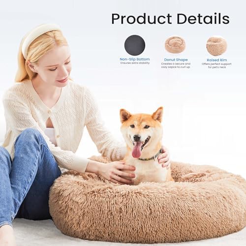 Dog Bed for Small Dogs and Cats, Washable Calming Donut Pet Bed, 20-Inch Anti-Slip Round Fluffy Plush Faux Fur, Anti-Anxiety, Comfortable for Sleeping, 20" L x 20" W x 8" Th for Pets up to 15 lbs