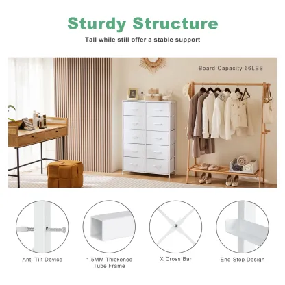 Aidoly Dresser for Bedroom, 10 Storage Drawers, Anti-Tip Tall Fabric Closet Chests Organizer Tower Furniture with Wooden Top Metal Frame for Living Room, Hallway, Entryway, White