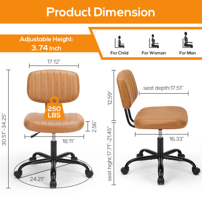 Office Desk Chair, Armless Computer Chair with Lumbar Support, PU Leather Low Back Adjustable Height 360° Rolling Swivel Task Chair with Wheels