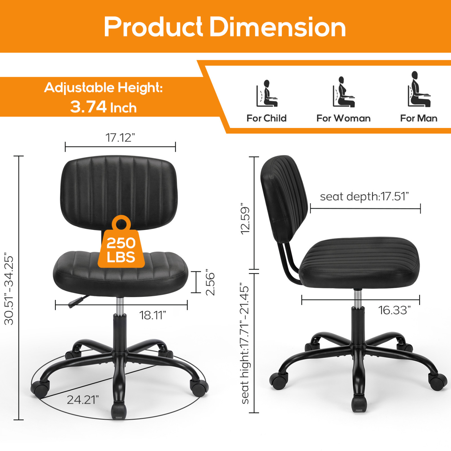 Office Desk Chair, Armless Computer Chair with Lumbar Support, PU Leather Low Back Adjustable Height 360° Rolling Swivel Task Chair with Wheels