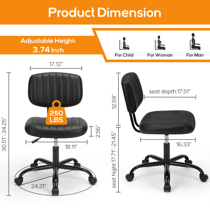 Office Desk Chair, Armless Computer Chair with Lumbar Support, PU Leather Low Back Adjustable Height 360° Rolling Swivel Task Chair with Wheels