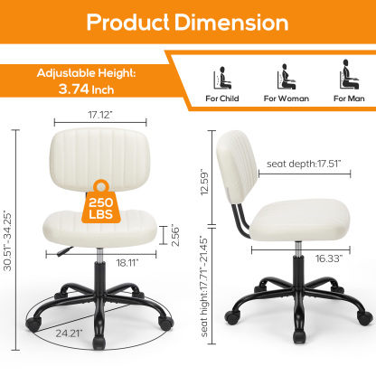 Office Desk Chair, Armless Computer Chair with Lumbar Support, PU Leather Low Back Adjustable Height 360° Rolling Swivel Task Chair with Wheels