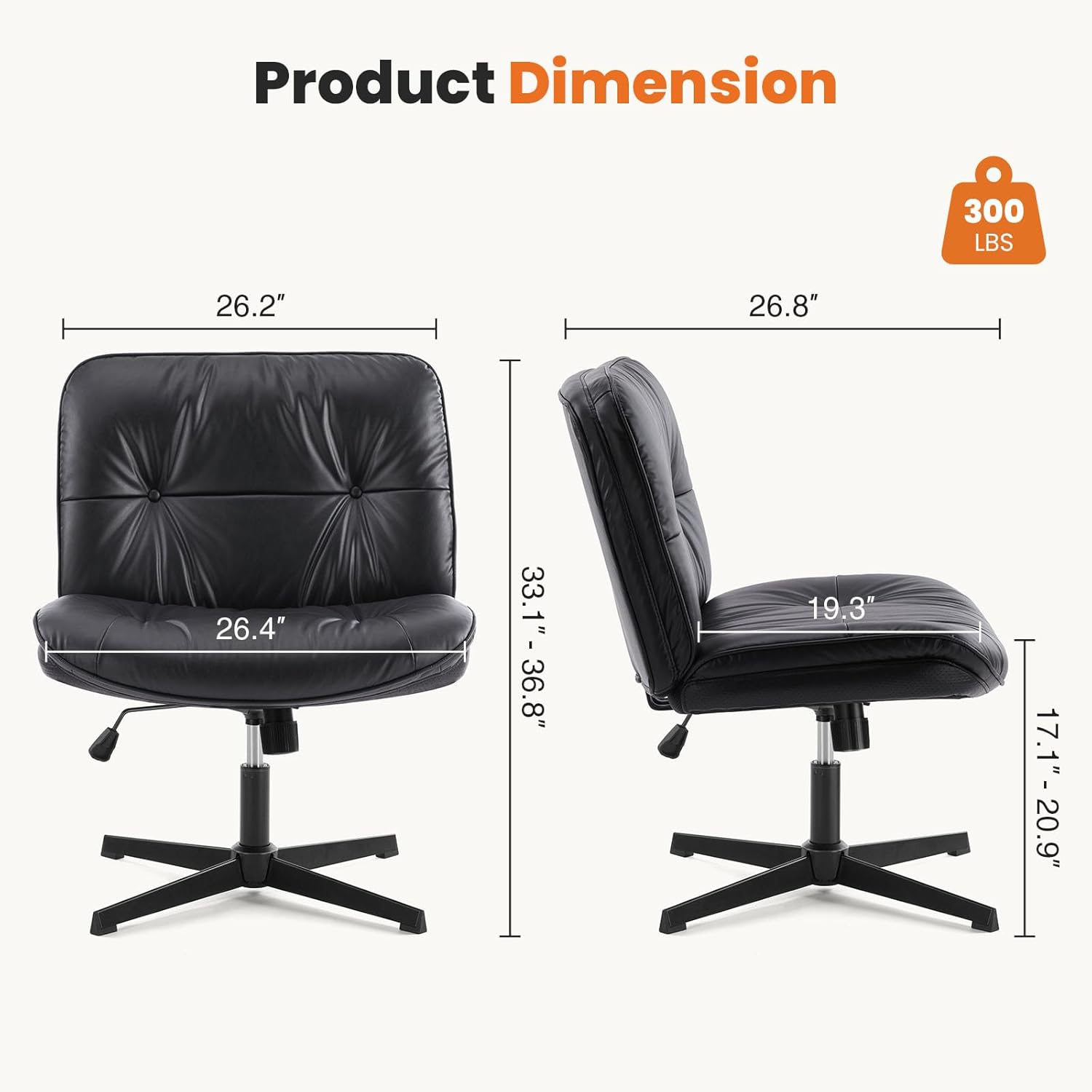 Criss Cross Chair, Armless Office Desk Chair, Wide Seat No Wheels, Height Adjustable Computer Task Swivel Chair