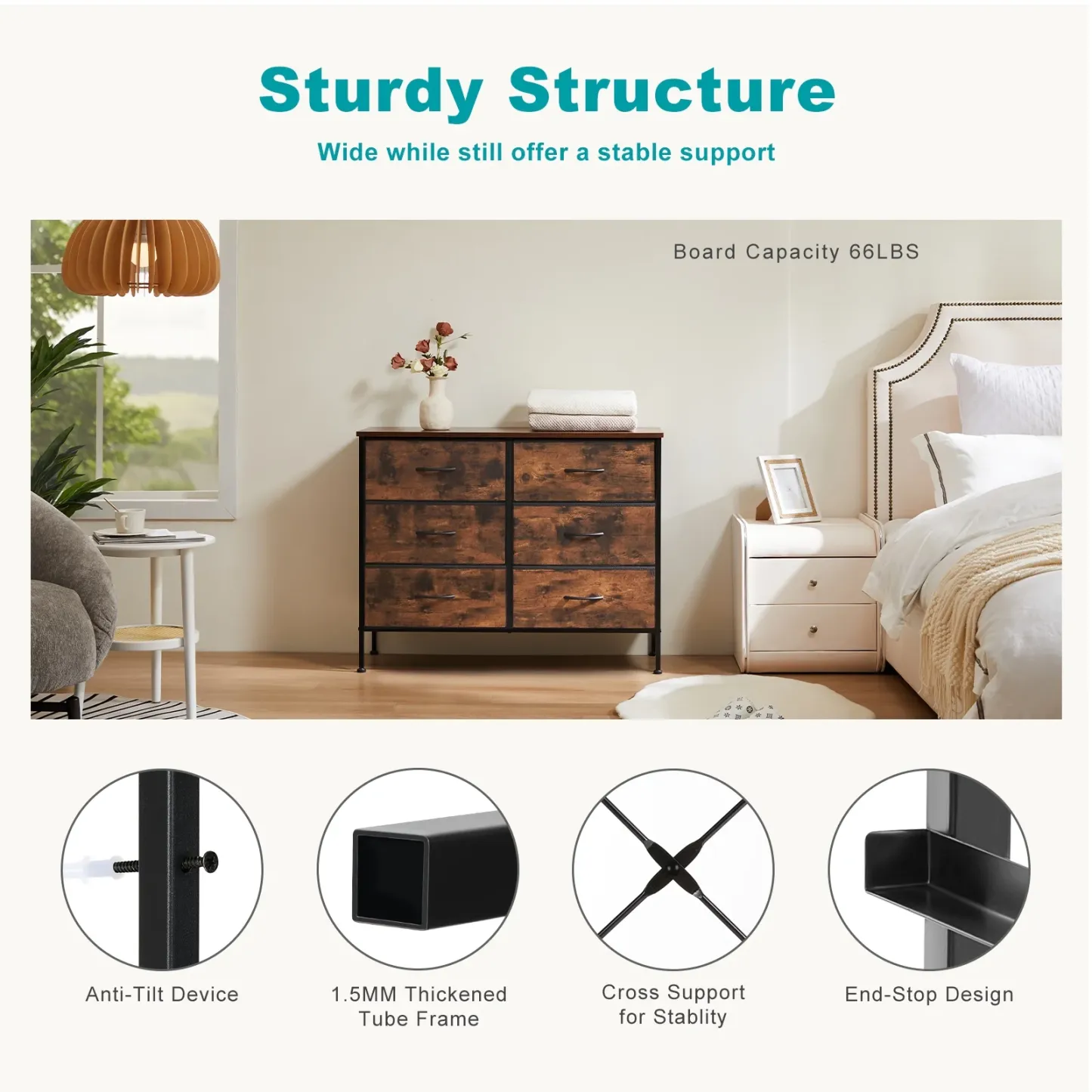 Aidoly Bedroom Dresser, 6 Storage Drawers, Anti-Tip Wide Fabric Closet Chests Organizer Tower Furniture with Wooden Top Metal Frame for Living Room, Hallway, Entryway, Rust