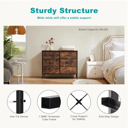 Aidoly Bedroom Dresser, 6 Storage Drawers, Anti-Tip Wide Fabric Closet Chests Organizer Tower Furniture with Wooden Top Metal Frame for Living Room, Hallway, Entryway, Rust
