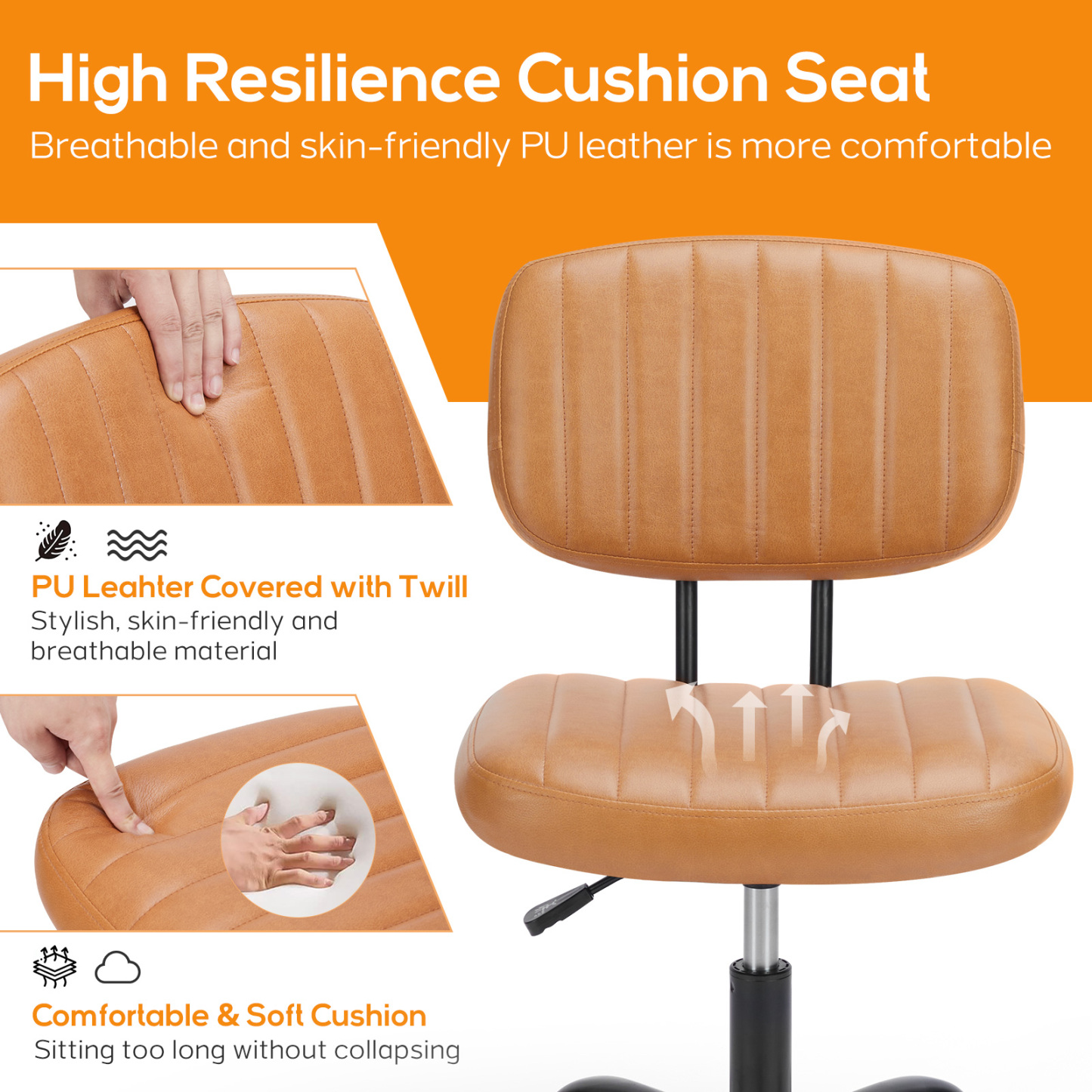 Office Desk Chair, Armless Computer Chair with Lumbar Support, PU Leather Low Back Adjustable Height 360° Rolling Swivel Task Chair with Wheels