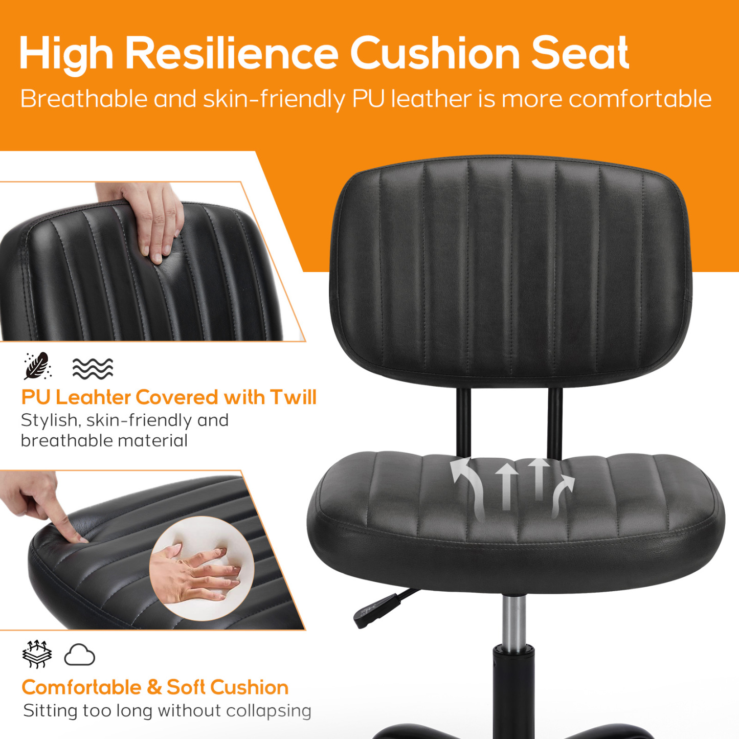 Office Desk Chair, Armless Computer Chair with Lumbar Support, PU Leather Low Back Adjustable Height 360° Rolling Swivel Task Chair with Wheels