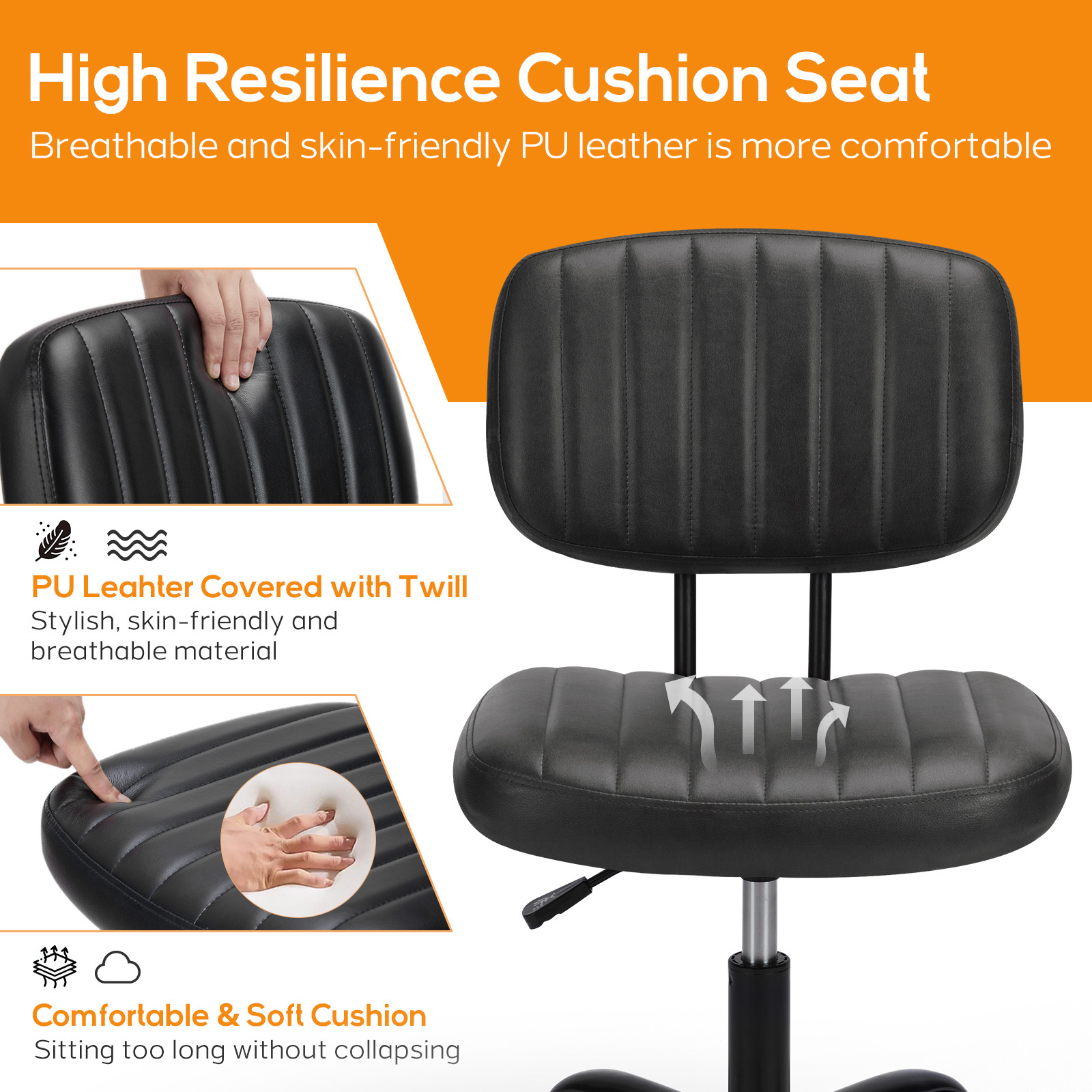 Office Desk Chair, Armless Computer Chair with Lumbar Support, PU Leather Low Back Adjustable Height 360° Rolling Swivel Task Chair with Wheels