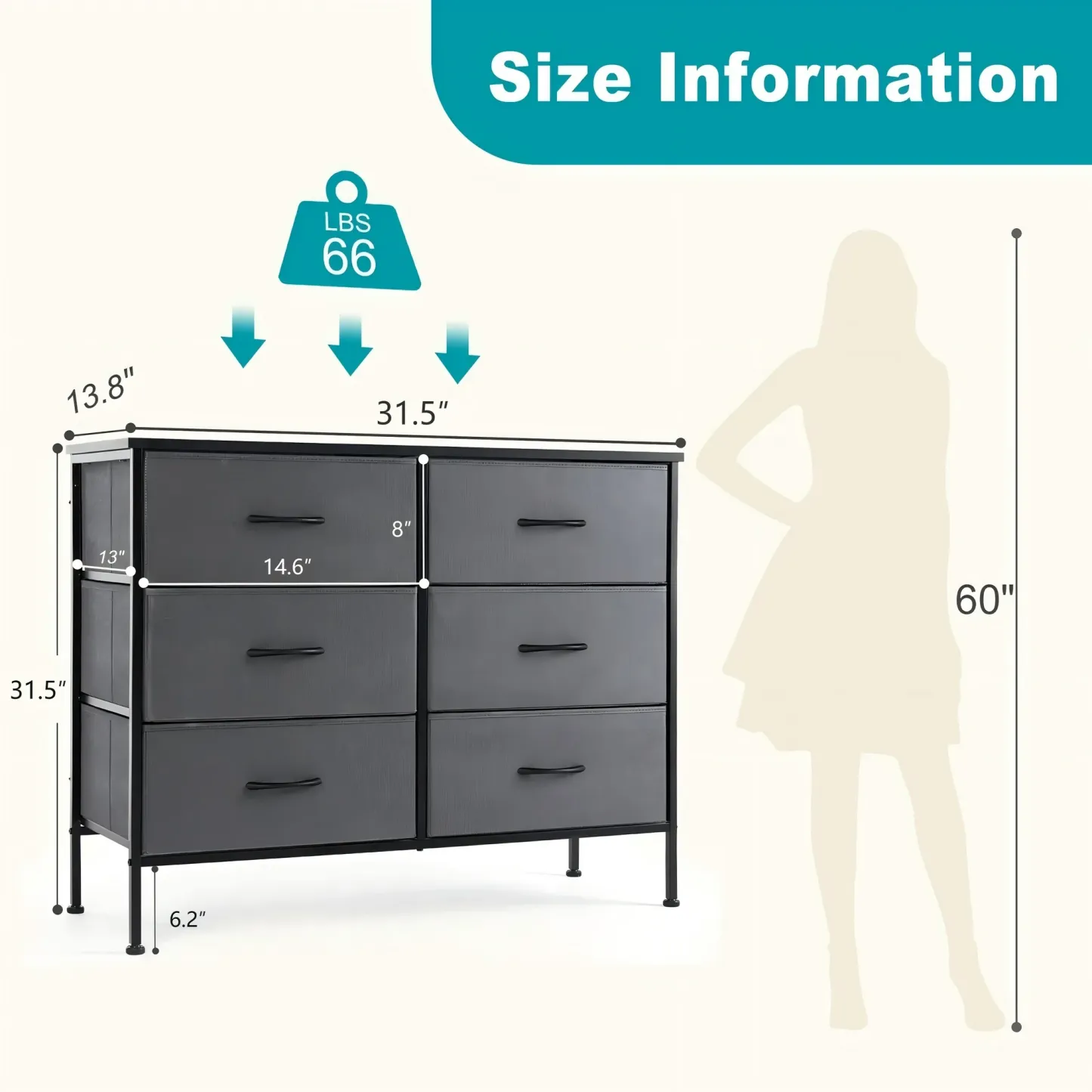 Aidoly Bedroom Dresser, 6 Storage Drawers, Anti-Tip Wide Fabric Closet Chests Organizer Tower Furniture with Wooden Top Metal Frame for Living Room, Hallway, Entryway, Grey