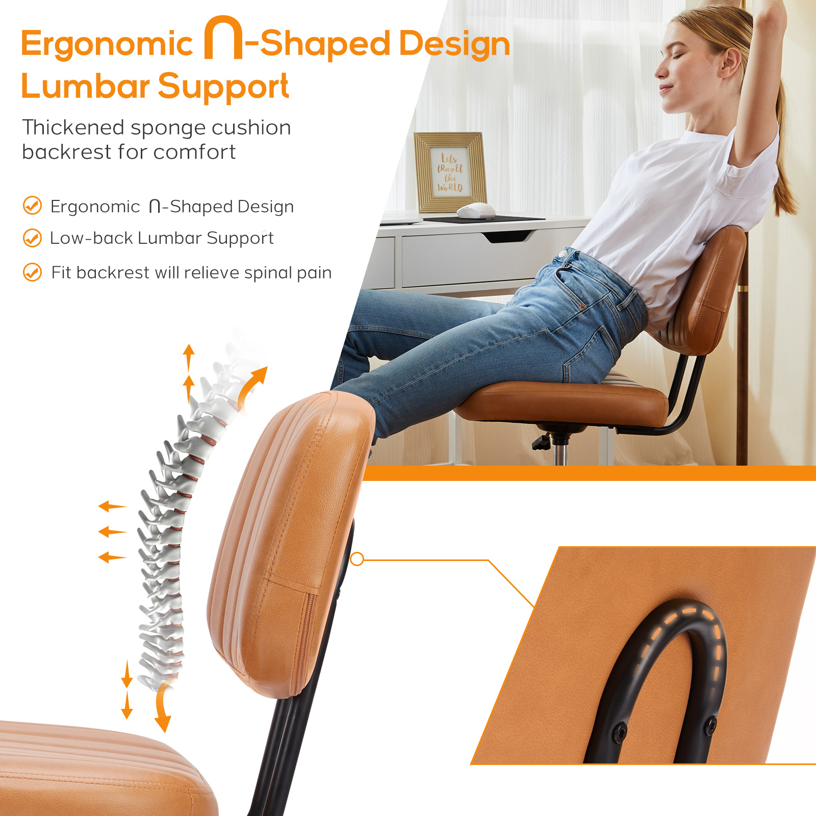 Office Desk Chair, Armless Computer Chair with Lumbar Support, PU Leather Low Back Adjustable Height 360° Rolling Swivel Task Chair with Wheels