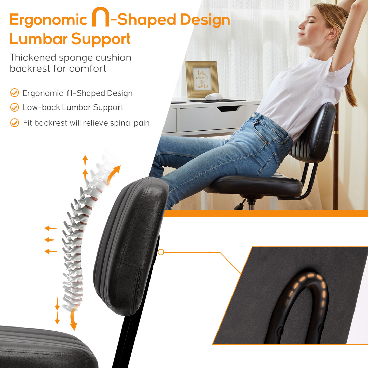 Office Desk Chair, Armless Computer Chair with Lumbar Support, PU Leather Low Back Adjustable Height 360° Rolling Swivel Task Chair with Wheels