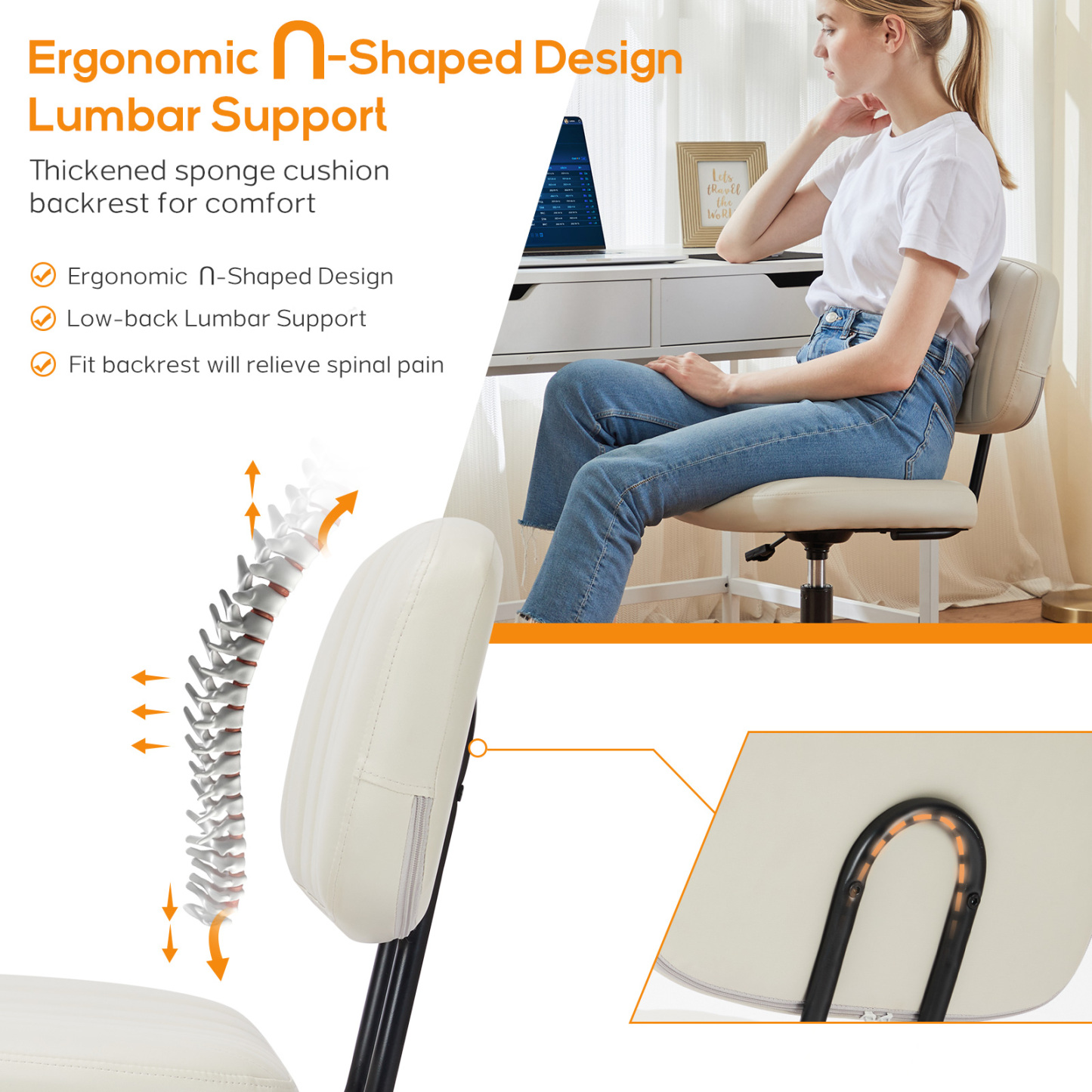 Office Desk Chair, Armless Computer Chair with Lumbar Support, PU Leather Low Back Adjustable Height 360° Rolling Swivel Task Chair with Wheels
