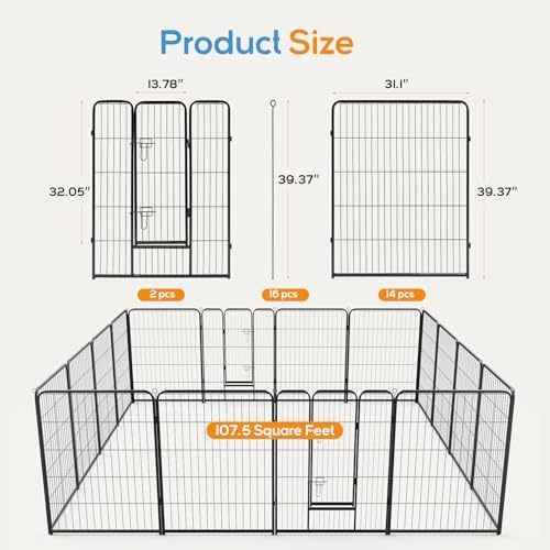 Dog Playpen, Puppy Fence for Yard, Camping, RV, Indoor/Outdoor Use, 40-Inch 16-Panel Exercise Pen for Small/Medium/Large Pets