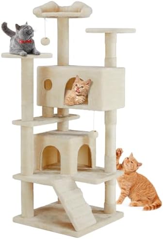 Cat Tree, 54-Inch Cat Tower for Indoor Cats with Sisal Scratching Post, Cat Play House, Large Kitty Condo, Plush Multi-Level with Climbing Ladder