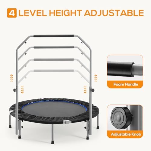 Mini Trampoline for Adults, 40"/48" Foldable Indoor Exercise Rebounder with Adjustable Bar for Home & Garden Fitness, Max Load 330lbs