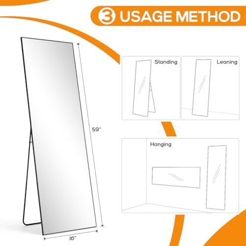 Mirror Full Length, Upgraded 16"x59" Body Wall Mirrors with Shatter-Proof Glass, Floor Standing, Hanging or Leaning, Tall Mirror with Stand Aluminum Alloy Frame for Bedroom Cloakroom