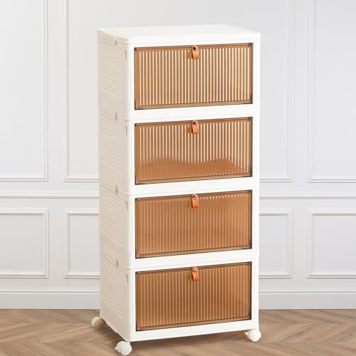 4-Tier Stackable Plastic Storage Bins with Lids, 23QT Foldable with Magnetic Doors and Lockable Wheels, Portable Collapsible Closet Organizer Boxes for Living Room, Bedroom, Dorm, Home Office