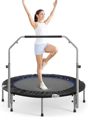 Mini Trampoline for Adults, 40"/48" Foldable Indoor Exercise Rebounder with Adjustable Bar for Home & Garden Fitness, Max Load 330lbs
