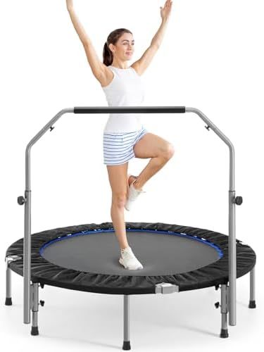 Mini Trampoline for Adults, 40"/48" Foldable Indoor Exercise Rebounder with Adjustable Bar for Home & Garden Fitness, Max Load 330lbs