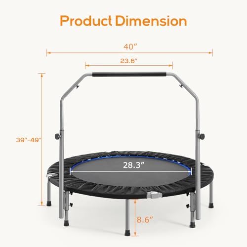 Mini Trampoline for Adults, 40"/48" Foldable Indoor Exercise Rebounder with Adjustable Bar for Home & Garden Fitness, Max Load 330lbs