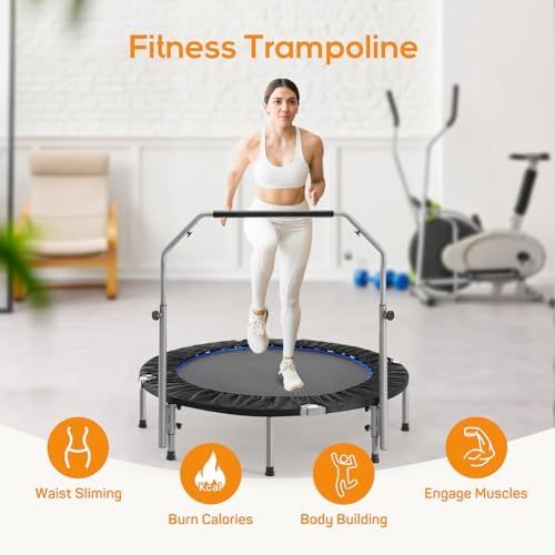 Mini Trampoline for Adults, 40"/48" Foldable Indoor Exercise Rebounder with Adjustable Bar for Home & Garden Fitness, Max Load 330lbs