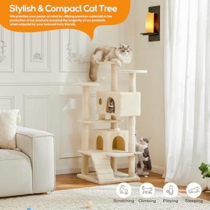 Cat Tree, 54-Inch Cat Tower for Indoor Cats with Sisal Scratching Post, Cat Play House, Large Kitty Condo, Plush Multi-Level with Climbing Ladder