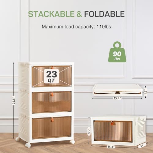 4-Tier Stackable Plastic Storage Bins with Lids, 23QT Foldable with Magnetic Doors and Lockable Wheels, Portable Collapsible Closet Organizer Boxes for Living Room, Bedroom, Dorm, Home Office