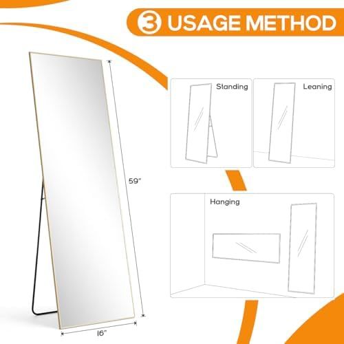 Mirror Full Length, Upgraded 16"x59" Body Wall Mirrors with Shatter-Proof Glass, Floor Standing, Hanging or Leaning, Tall Mirror with Stand Aluminum Alloy Frame for Bedroom Cloakroom